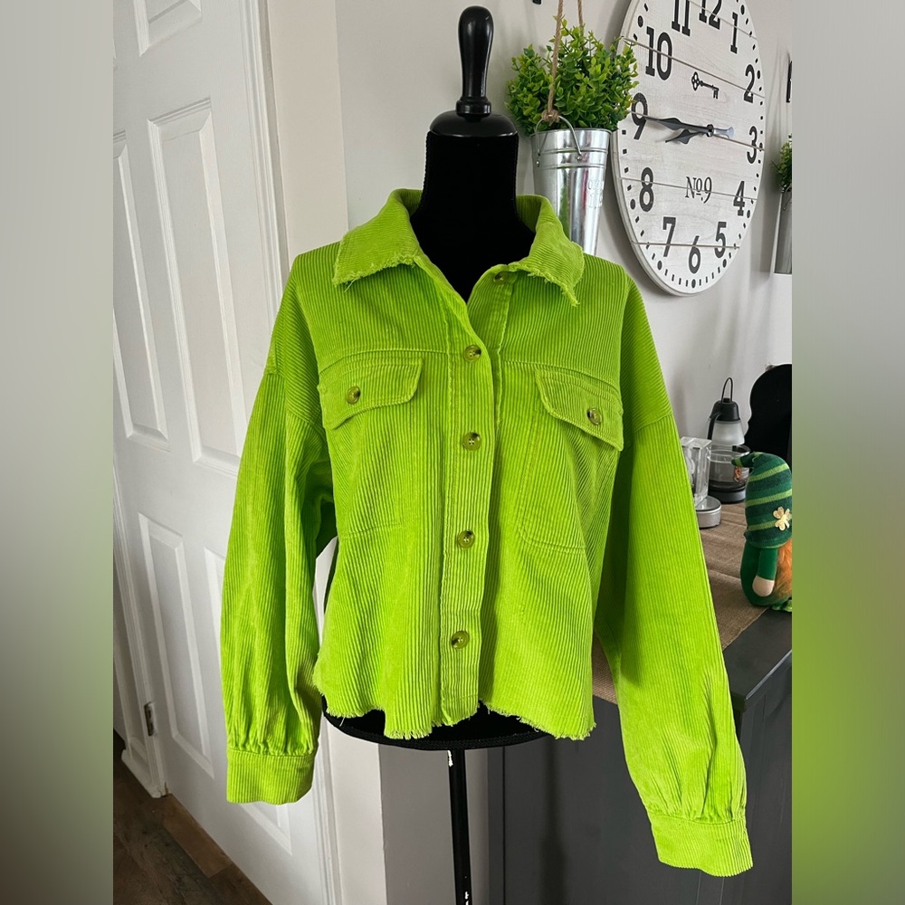 White Birch Lime Green Corduroy Button Up